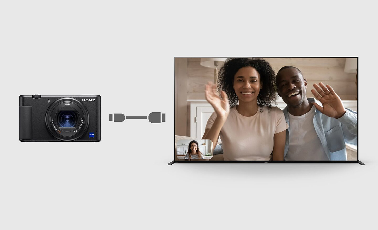 Hình ảnh cuộc trò chuyện video trên màn hình lớn của BRAVIA với camera được kết nối