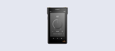 Mặt trước của Walkman WM1AM2 trên nền tối, đang hiển thị giao diện chỉnh âm lượng kiểu analog