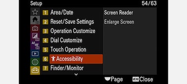 Hình ảnh sản phẩm cho thấy menu “Setup” (Cài đặt) của máy ảnh, trong đó “Accessibility” (Trợ năng) được chọn sẵn