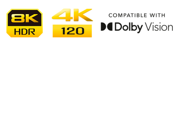 Hình ảnh logo 8K HDR, logo 4K 120 và logo Compatible with Dolby Vision (Tương thích với Dolby Vision).